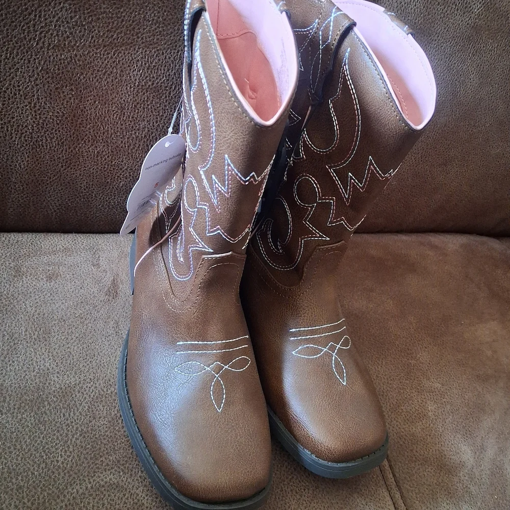 Wonder Nation Brown Western Cowgirl Boots with Pink Trim Girls' Size 5
